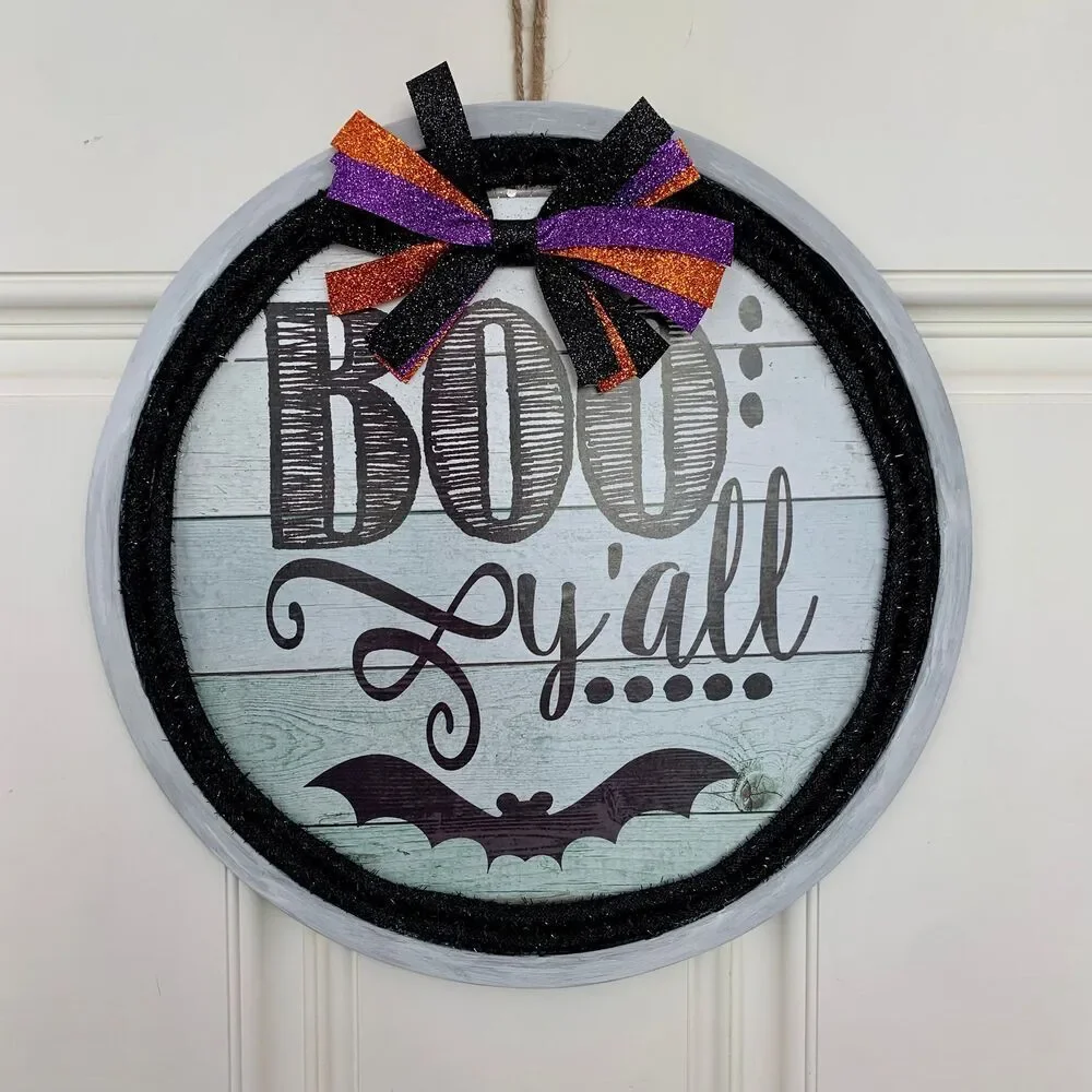 Halloween Boo Yall Door Hanger: Bat & Glitter Ribbon Decor